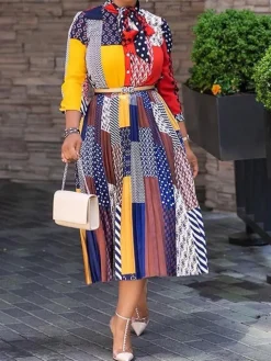 Long Sleeves Figure Print Midi Dresss