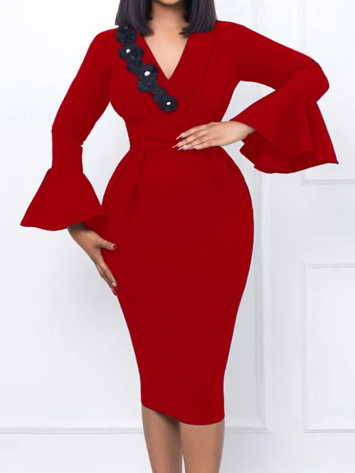 Long Sleeves Flower Patchwork Midi Dress
