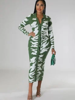 Long Sleeves Lapel Button Midi Dress