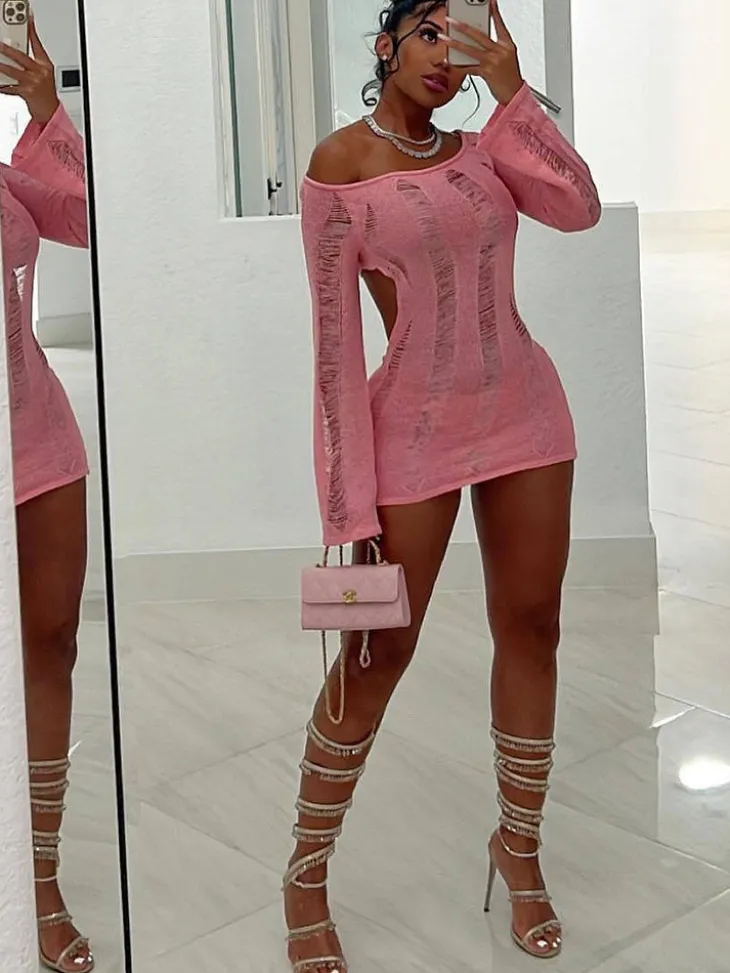Long Sleeves Ripped Mini Dress