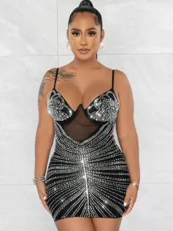 Mesh and Rhinestone Splice Halter Mini Dress