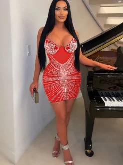 Mesh and Rhinestone Splice Halter Mini Dress