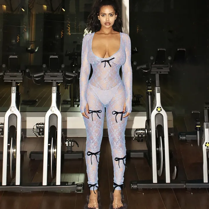Mesh Long Sleeve Bodycon Jumpsuit