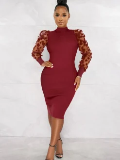 Mesh Patchwork Long Sleeve Floral Midi Dress