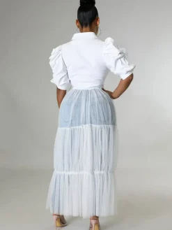 Mesh Patchwork Short Sleeve V Neck Top