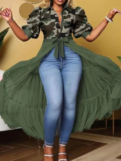 Mesh Patchwork Short Sleeve Camouflage V Neck Top