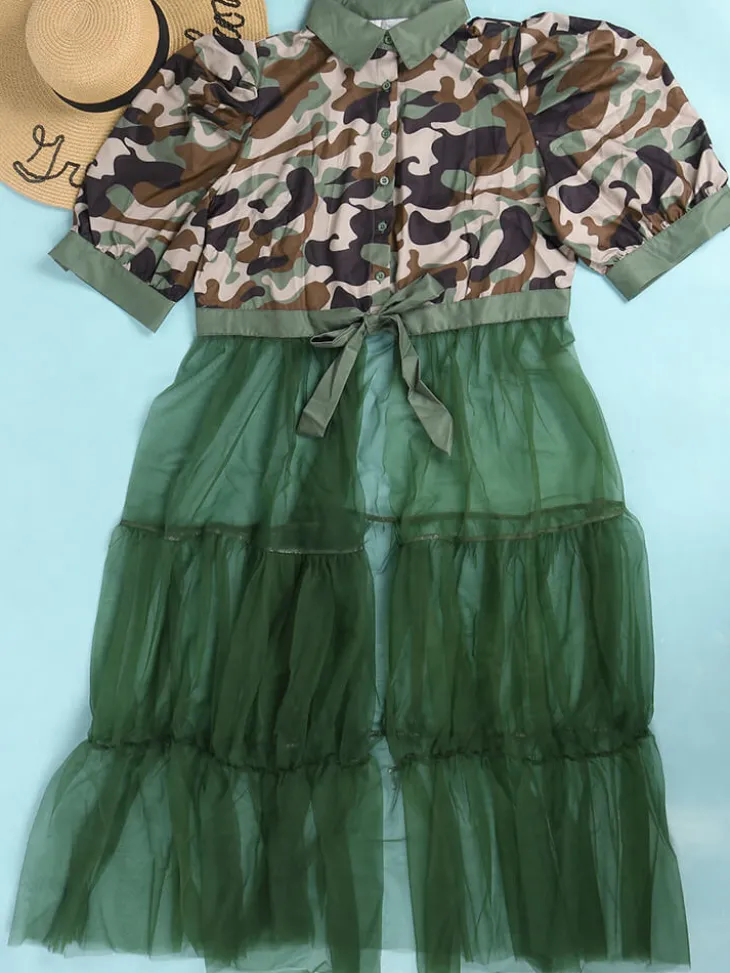 Mesh Patchwork Short Sleeve Camouflage V Neck Top