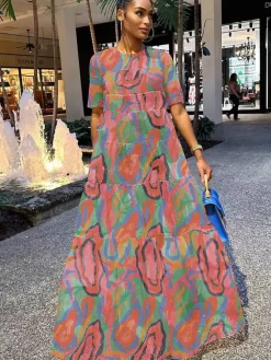 Mesh Short Sleeve Print Flowy Maxi Dress