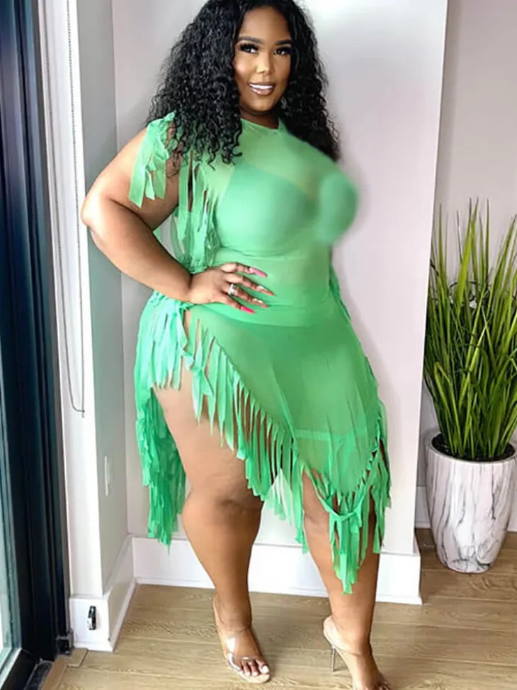 Mesh Sleeveless Tassel Irregular Mini Dress