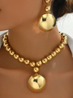 Metal Beaded Necklace Earrings Jewelry Set
