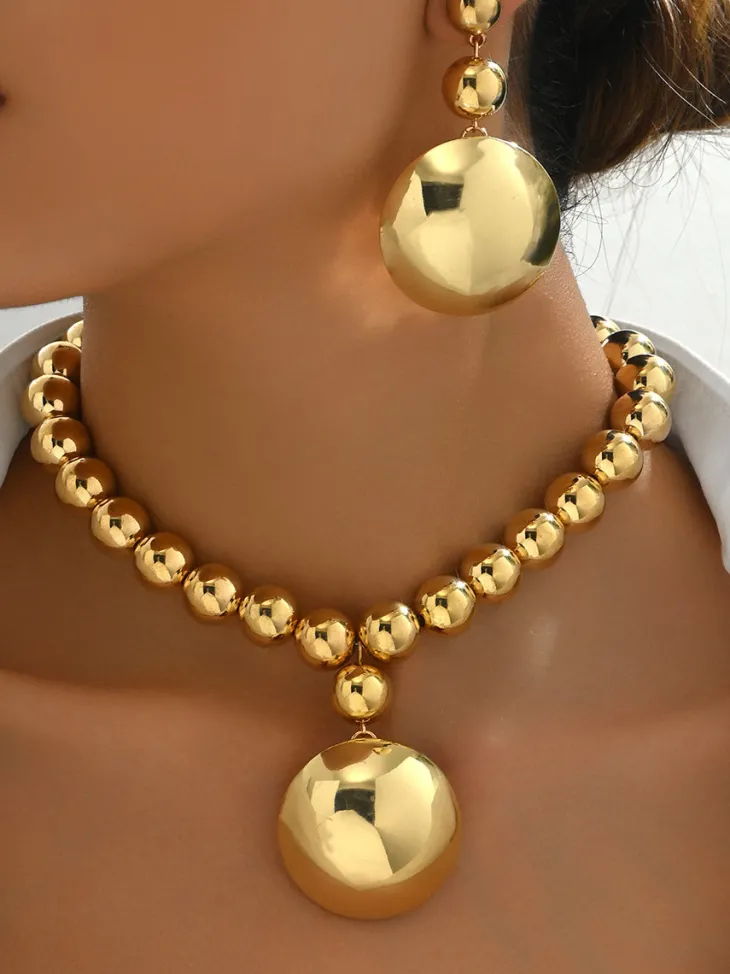 Metal Beaded Necklace Earrings Jewelry Set