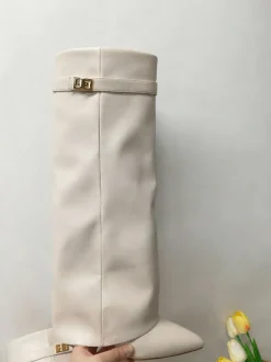 Metal Buckle Pointed Toe Knee High Boots