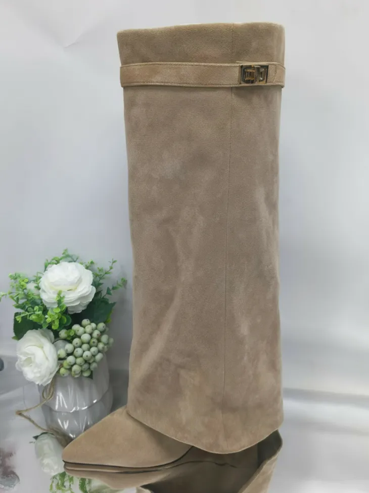 Metal Buckle Pointed Toe Knee High Boots