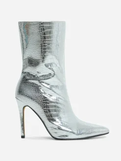 Metallic Pointed Toe Stiletto Ankle Boots