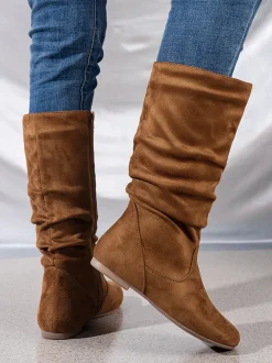 Mid-Calf Side Zipper Ruched Flat Boots