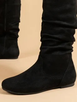 Mid-Calf Side Zipper Ruched Flat Boots