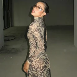 Mock Neck Mesh Print Maxi Dress