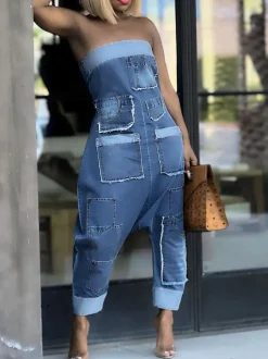Multiple Pockets Denim Utility Jumpsuit