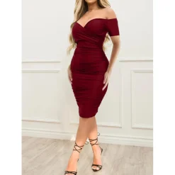 NEW Off Shoulder Ruched Short Sleeve Bodycon Dress