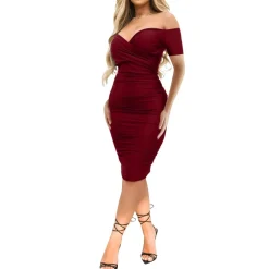 NEW Off Shoulder Ruched Short Sleeve Bodycon Dress
