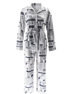 Newspaper Print Blazer Belted Pants Set