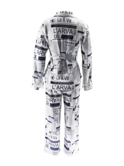 Newspaper Print Blazer Belted Pants Set