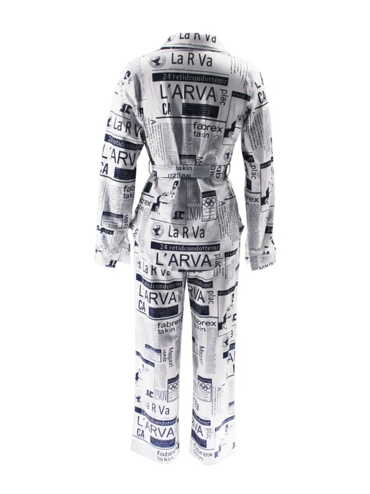 Newspaper Print Blazer Belted Pants Set
