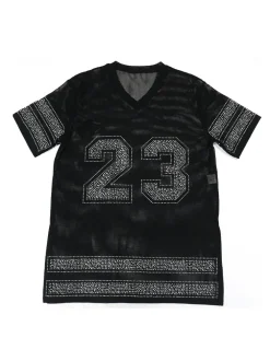Number Graphic Rhinestone Mesh T-Shirt Dress