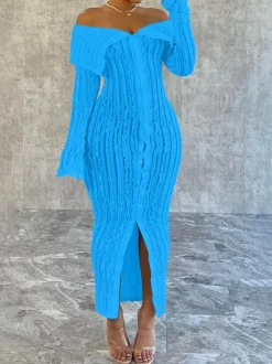 Off Shoulder Down Slit Bodycon Dress