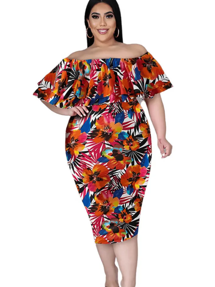 Off Shoulder Floral Print Bodycon Midi Dress