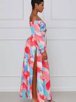 Off Shoulder Floral Print Flowy Maxi Dress