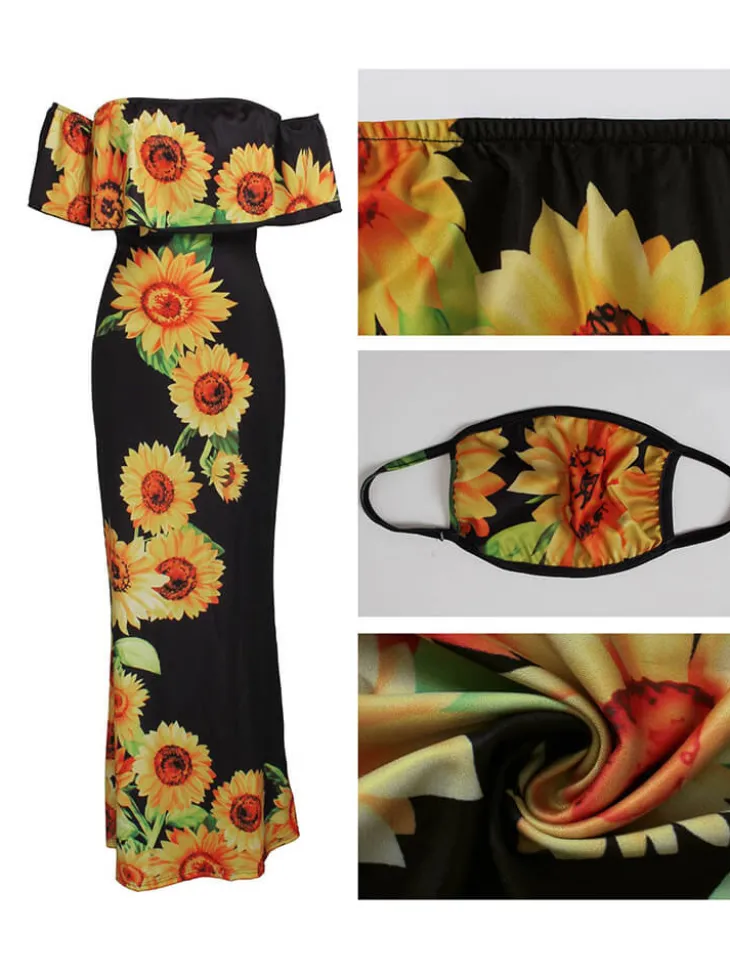 Off Shoulder Gradient Color Ruffle Floral Print Maxi Dress