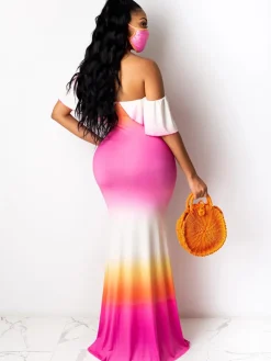 Off Shoulder Gradient Color Ruffle Floral Print Maxi Dress