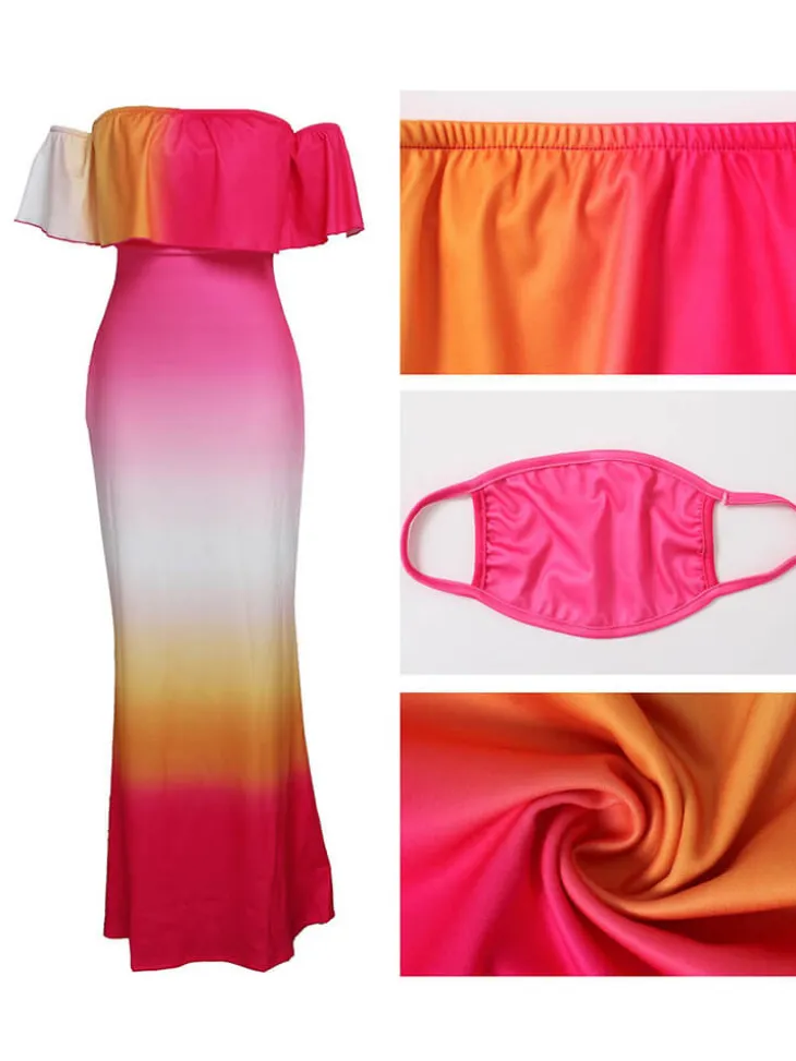 Off Shoulder Gradient Color Ruffle Floral Print Maxi Dress