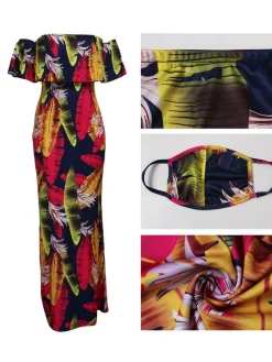 Off Shoulder Gradient Color Ruffle Floral Print Maxi Dress