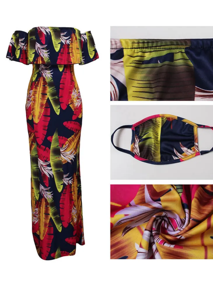 Off Shoulder Gradient Color Ruffle Floral Print Maxi Dress