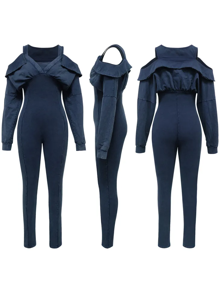 Off Shoulder Long Sleeve Ribbed Jumpsuit