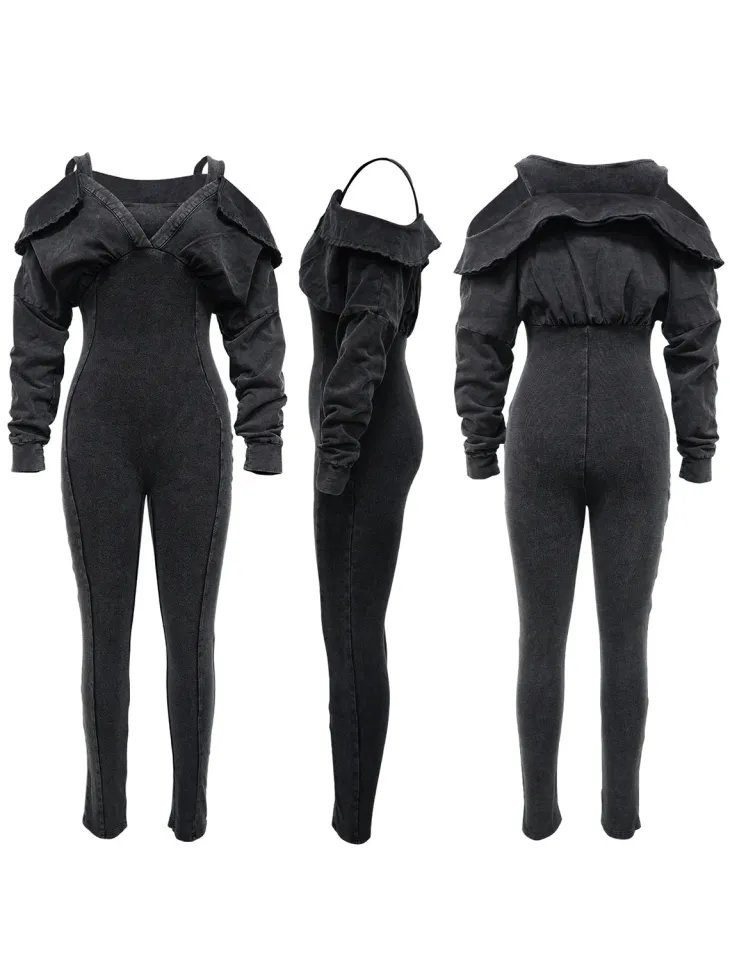 Off Shoulder Long Sleeve Ribbed Jumpsuit