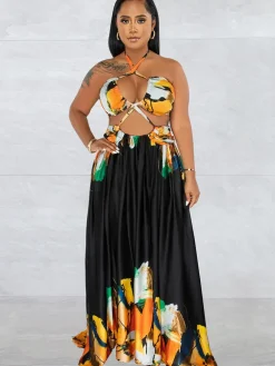 Off Shoulder Printed Patchwork Maxi Dress