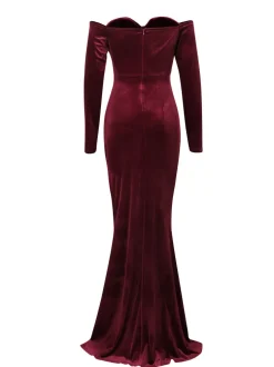 Off Shoulder Velvet Split Maxi Dress