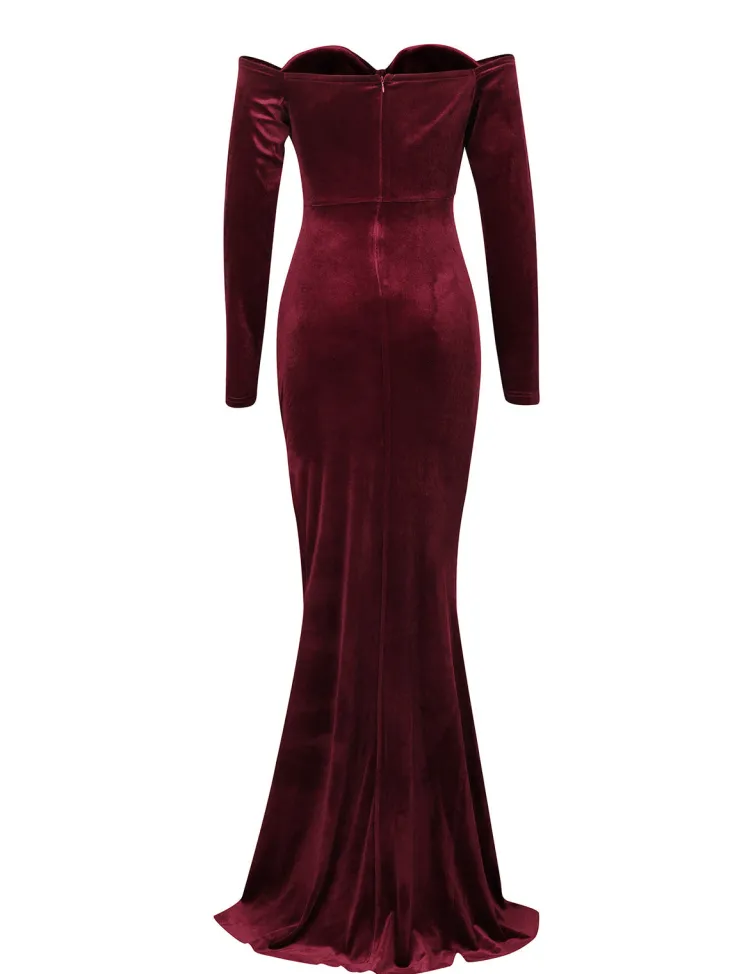 Off Shoulder Velvet Split Maxi Dress