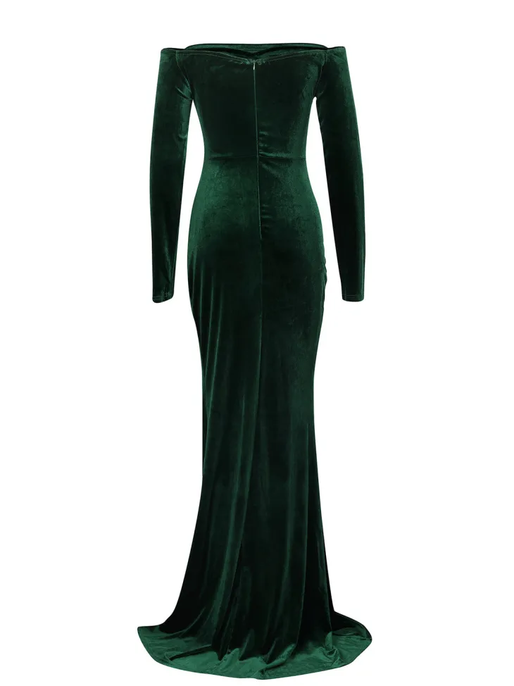 Off Shoulder Velvet Split Maxi Dress