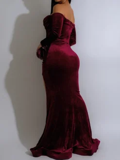 Off Shoulder Velvet Split Maxi Dress