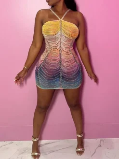 Ombre Color Tassel Rhinestone Mini Dress