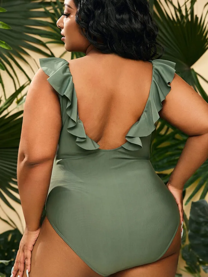 One Piece Sleevelesss Ruffle Bodycon Swimsuit