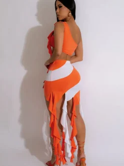 One Shoulder Crop Top with Fringed Mini Skirt Set