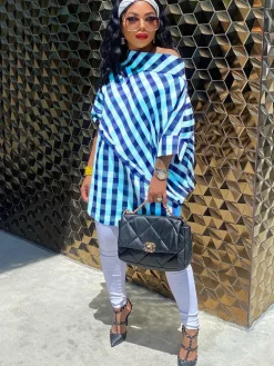 One Shoulder Plaid Print Bodycon Top