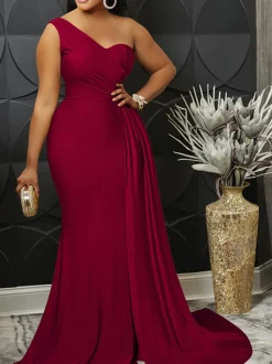 One Shoulder Pleated Bodycon Maxi Dress