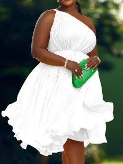 One Shoulder Pleated Swing Belted Midi Dress
