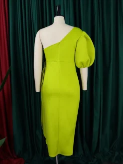 One Shoulder Puff Sleeve Ruffle Slit Dress